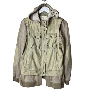 Free People Chore Jacket Hooded Layered Twill  SZ Small Olive Green Barn Coat